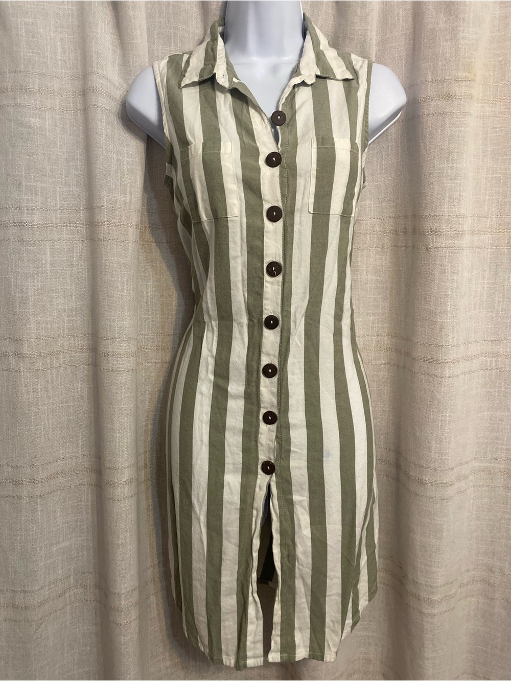 Rebellion Again Sage Green White Striped Sleeveless Button Front Shirt Dress S
